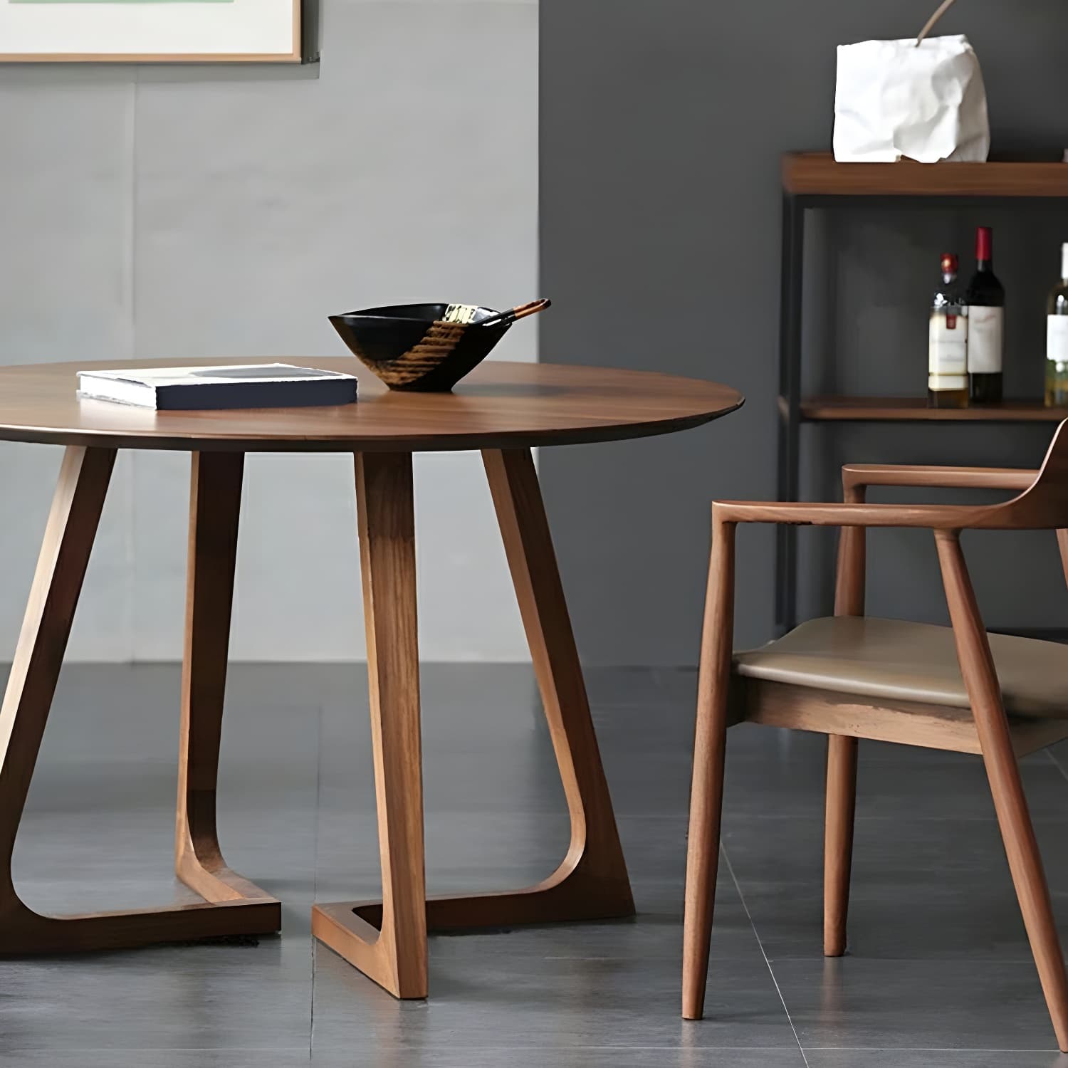 Scandinavian Brown Round Wood Dining Table with Double Pedestal Base thumbnail 7