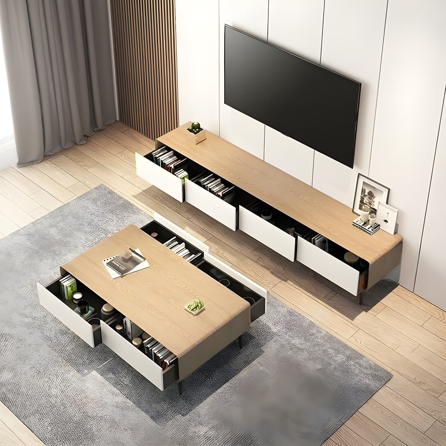 Modern Wooden Long and Low TV Stand with 4 Drawers, No Assembly Required, Dark Tone thumbnail 19