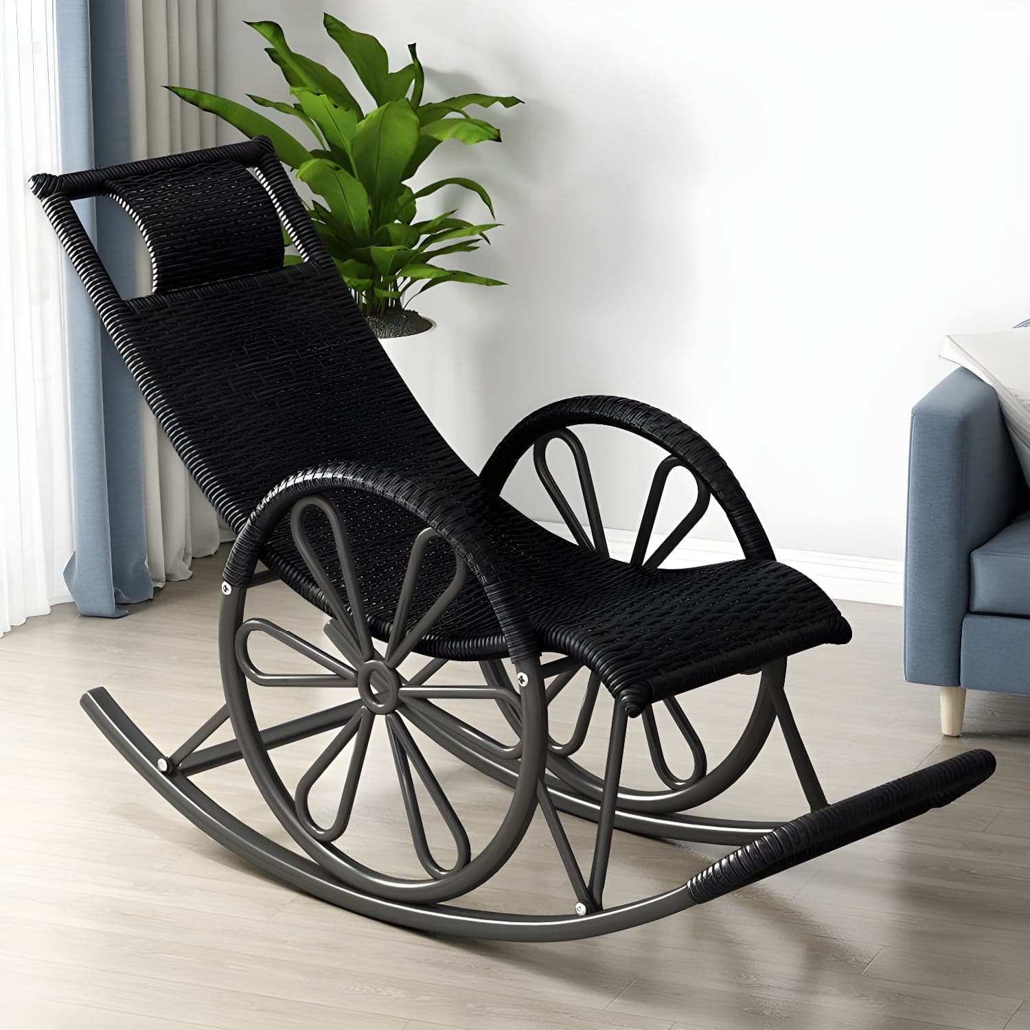 Rattan Modern Rocking Chair Woven Rope Rocker Chair in Black thumbnail 1