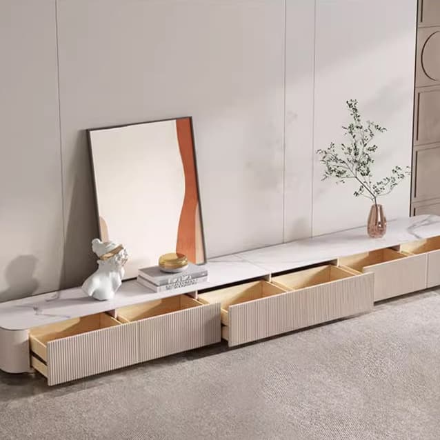 White Modern TV Stand with Low Height, Stone Material & Drawers for Full Assembly thumbnail 3