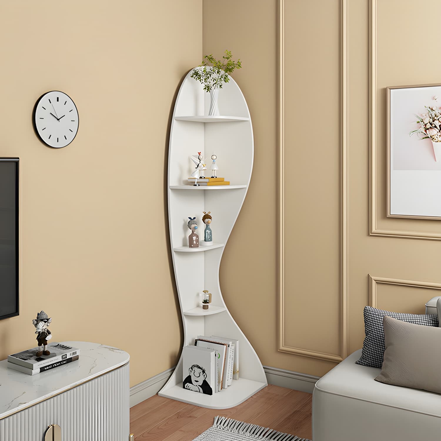 Corner Modern Accent Chest with Wood Counter Top and Open Shelves - 40cm X 40cm X 182cm - 4 Shelves thumbnail 11