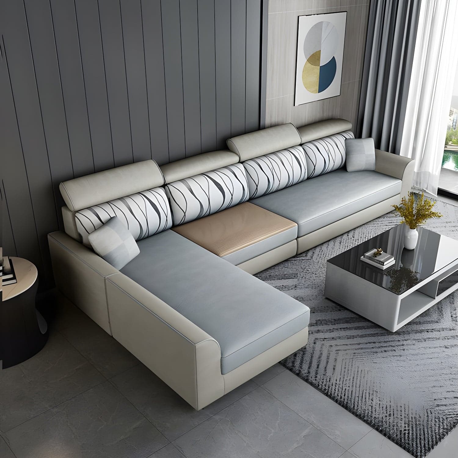 Modern L-Shape Reversible Wood Frame Sectional Sofa Chaise Set thumbnail 6