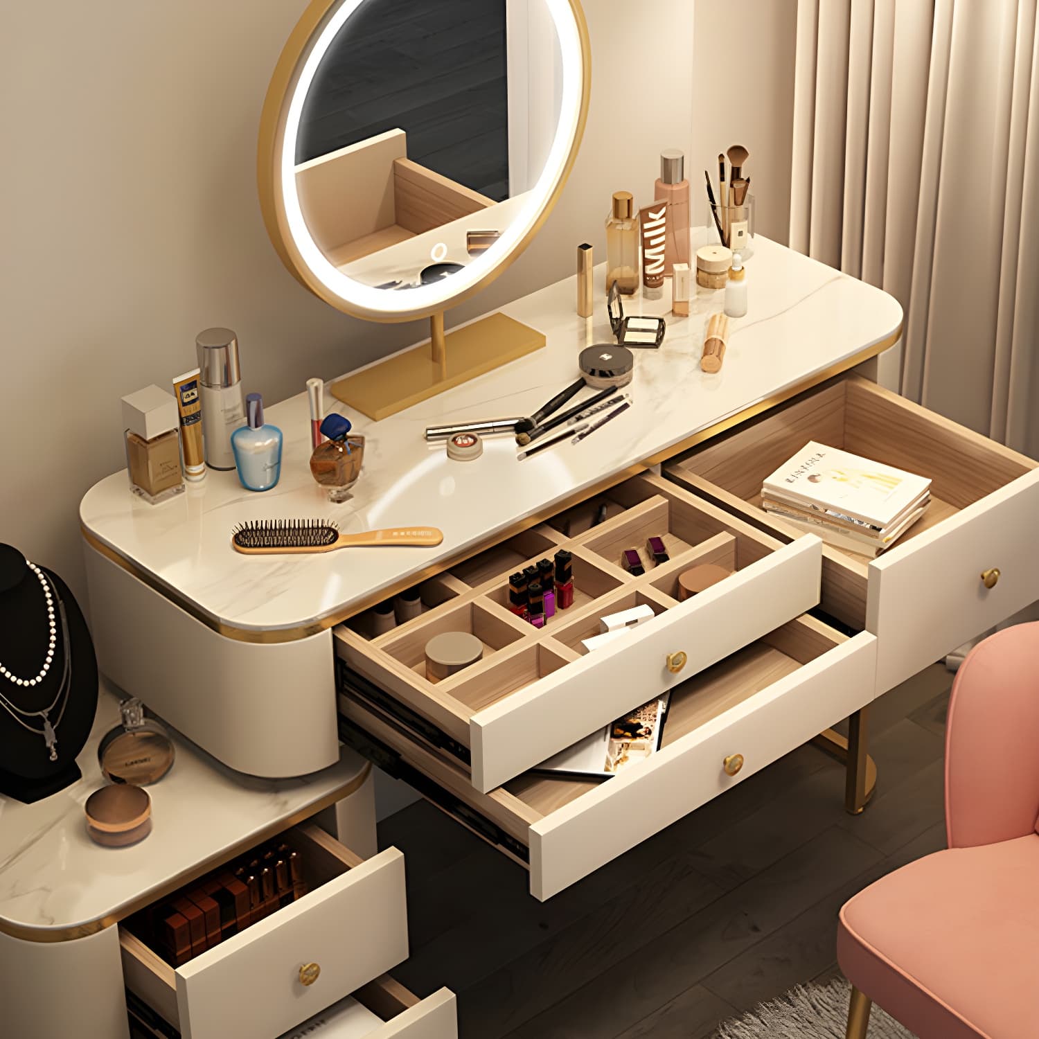 Scandinavian Wooden Vanity Desk in White Modern with Drawers Dressing Table thumbnail 8