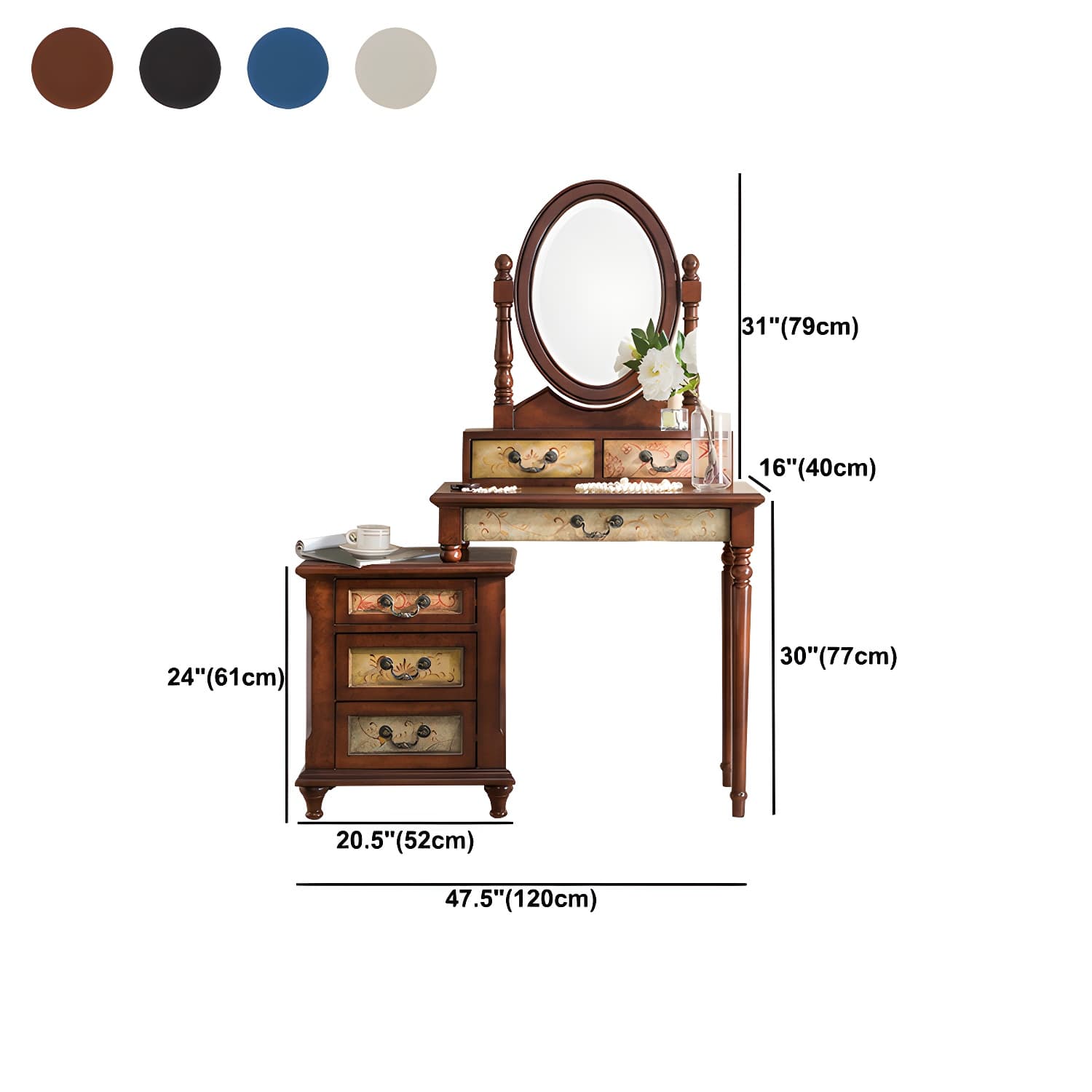 Victorian Vanity Set Solid Wood Drawers Included Makeup Dressing Table With Mirror & Stool thumbnail 22