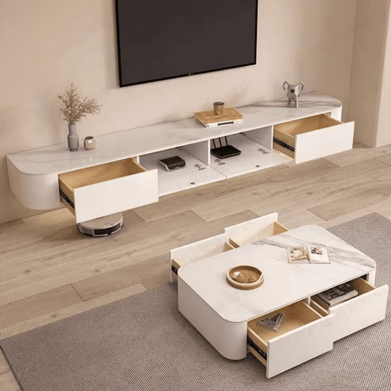 White Wall Hung Art Deco TV Stand with 2 Drawers, 2 Cabinets, and Cable Management thumbnail 3