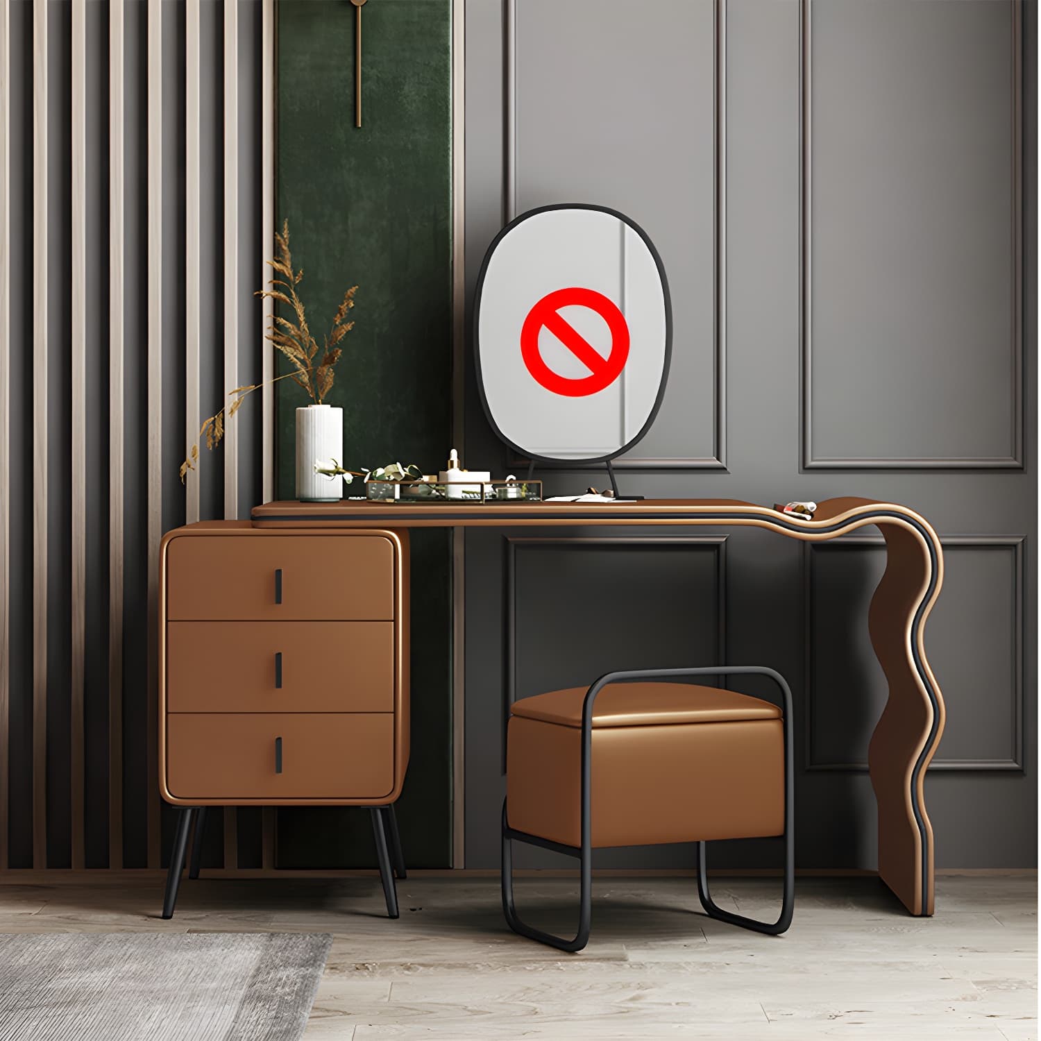 3 Drawers Make-up Vanity Set, 28.74" H Leather Vanity with Stool & Mirror thumbnail 2