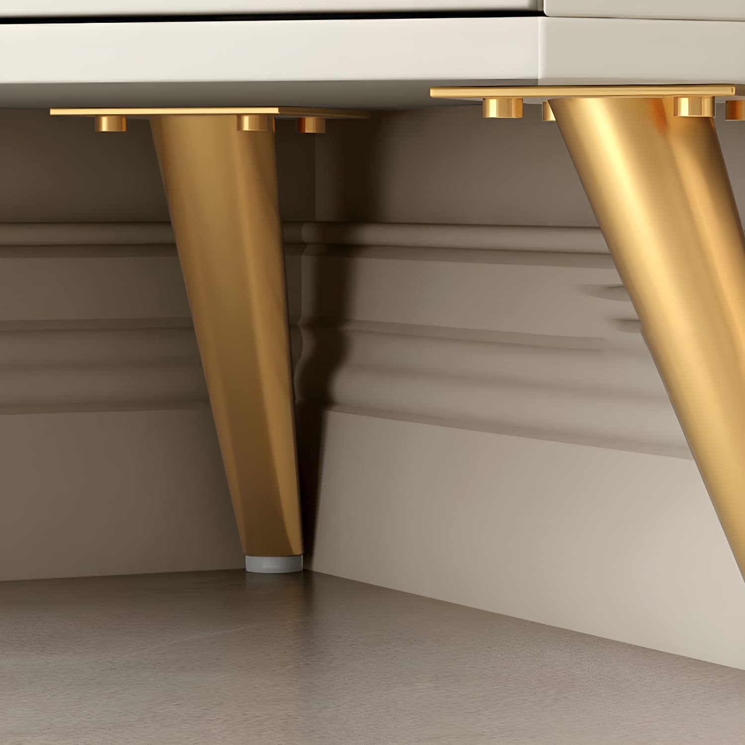 Modern Corner Accent Cabinet with White Wood Countertop, Glass Doors, and Gold Metal Base thumbnail 9