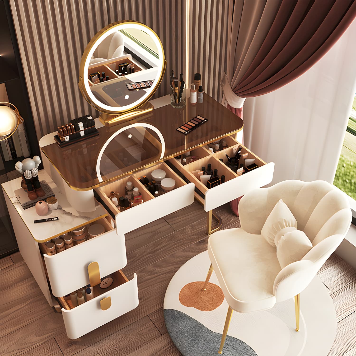 Glass Top Make-up Vanity Wood Dressing Table with Storage Drawers thumbnail 3
