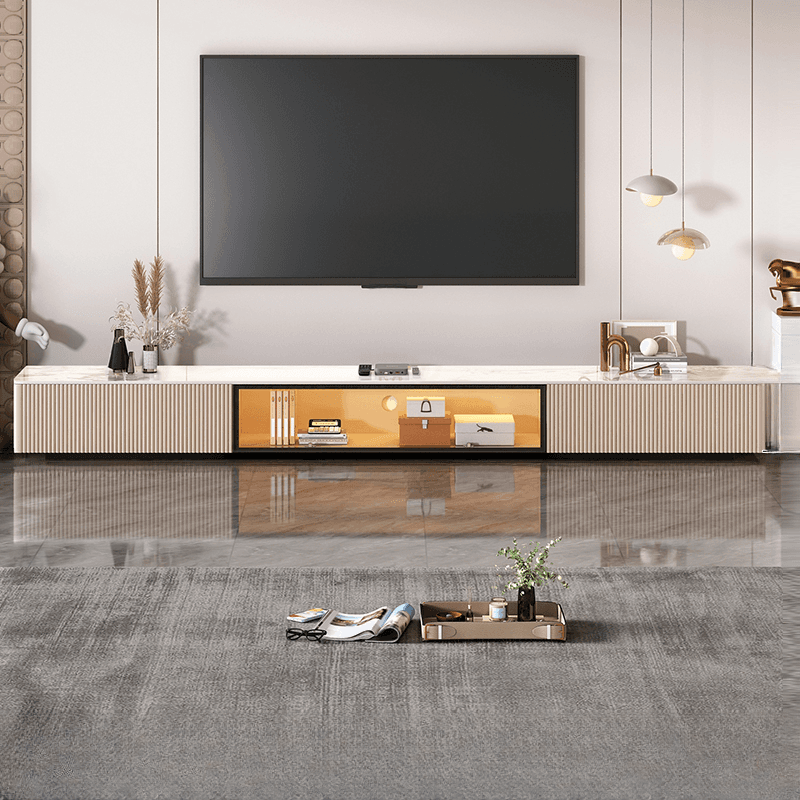 Art Deco Sintered Stone Rectangular TV Stand with 2 Drawers, Hutch, Cable Management, and Light thumbnail 3