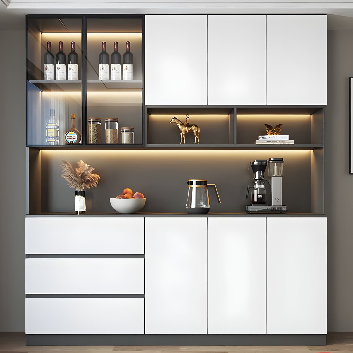 Modern Glass Adjustable Shelving Doors Wood Sideboard Cabinet with Cabinets and Drawers thumbnail 4