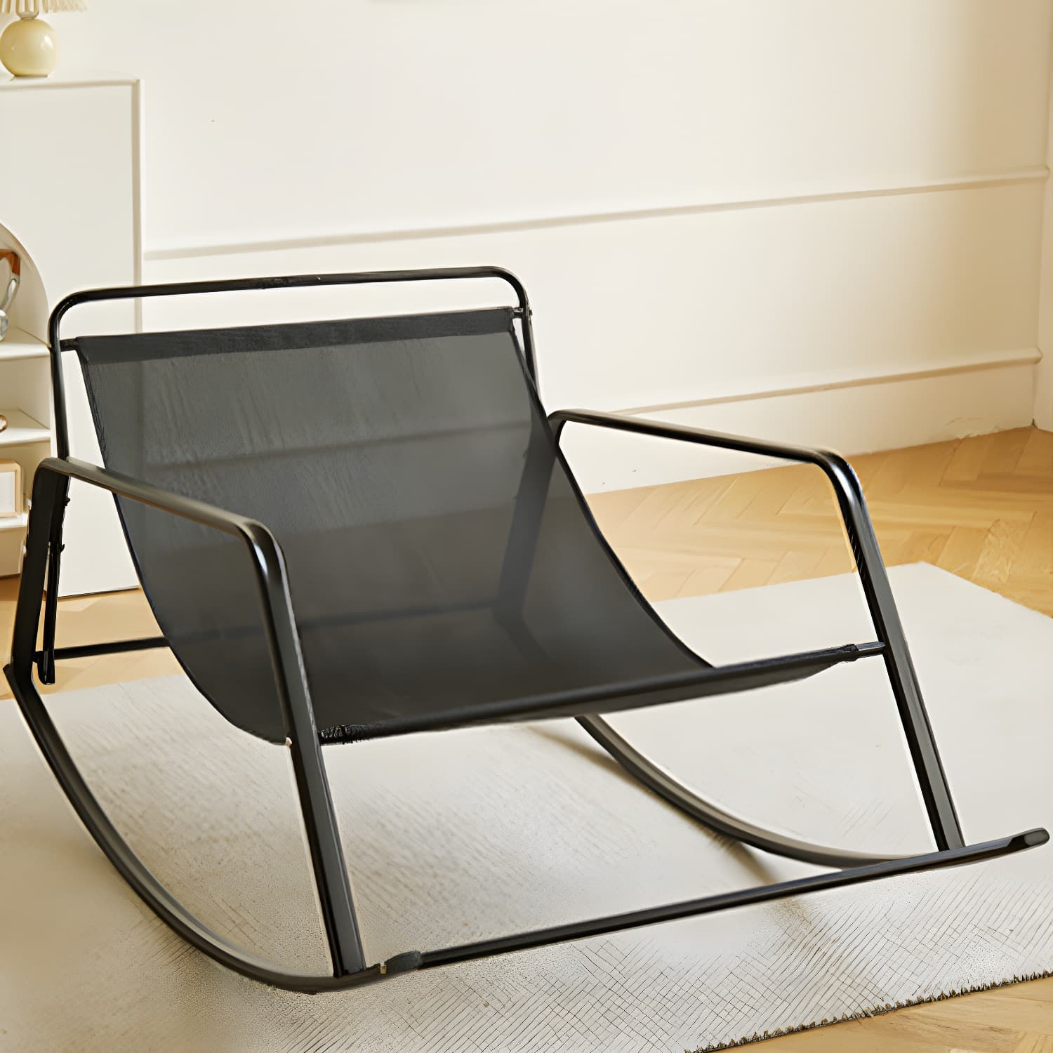 Stylish Modern Upholstered Rocking Chair with Black Metal Legs and Tufted Back thumbnail 16