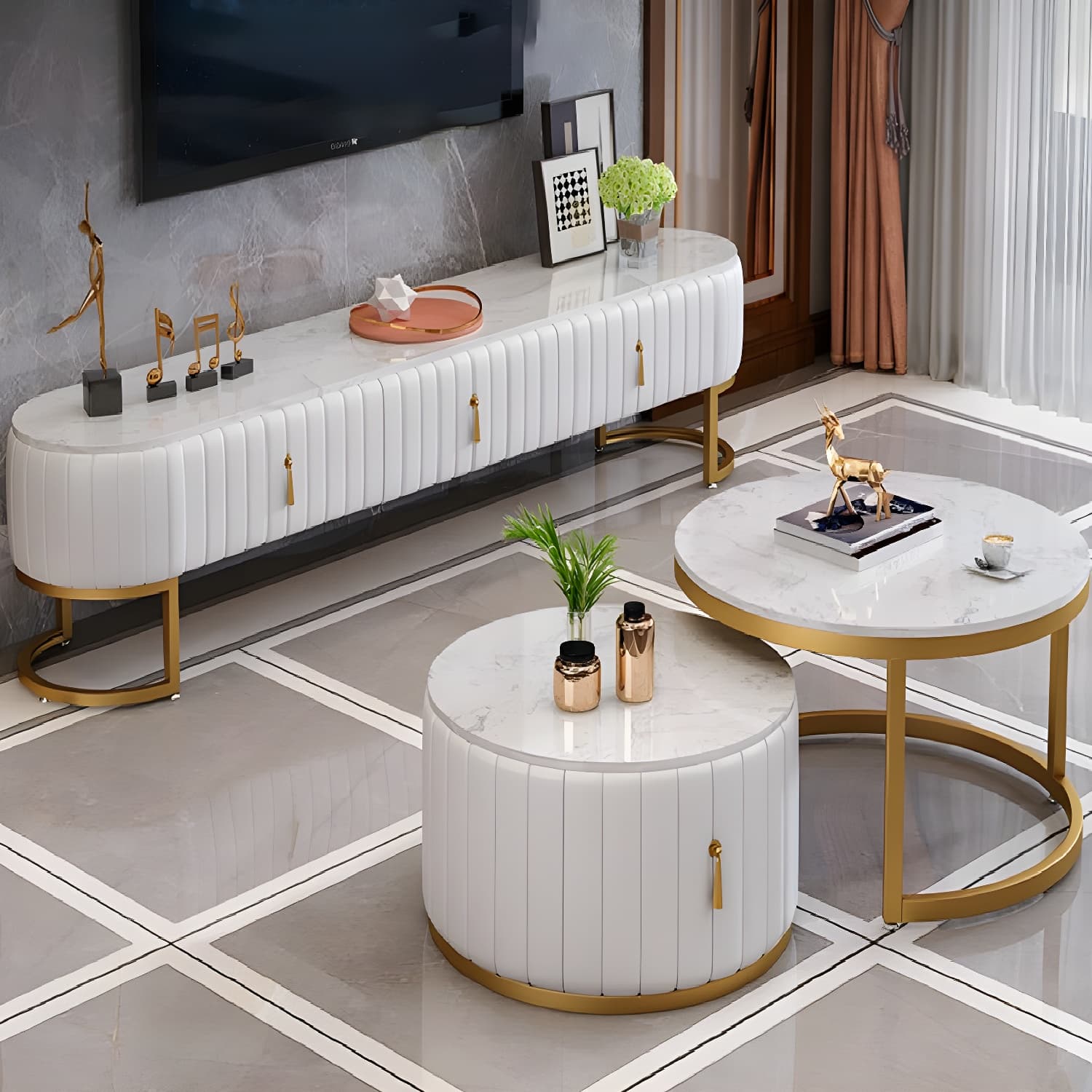 Scandinavian TV Stand Imitation Marble Enclosed Storage TV Console with Drawers thumbnail 9