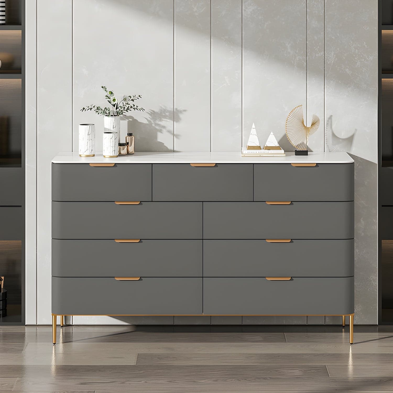 Modern Faux Leather Double Dresser with Solid Wood and Gold Accent Handles - image 3