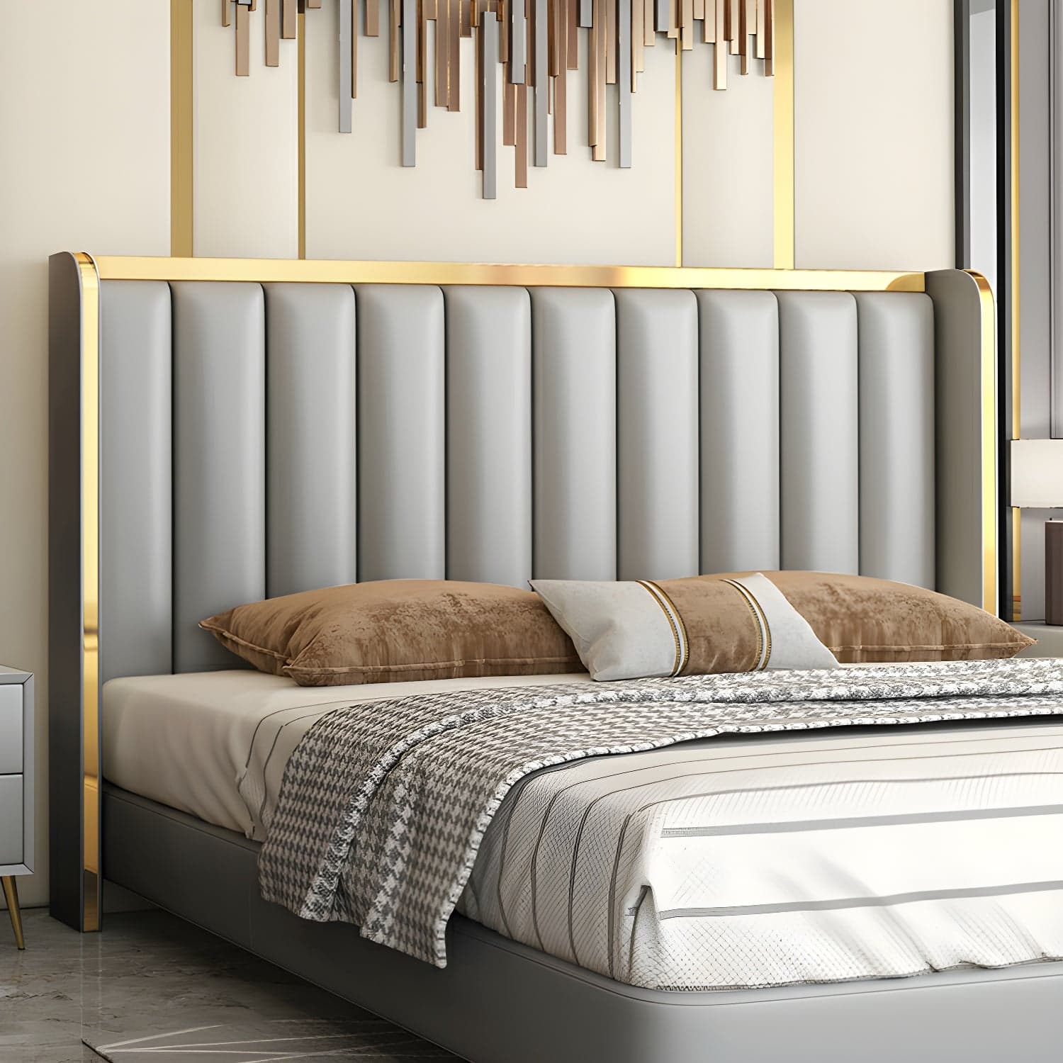 Modern Upholstered Leather Wingback Headboard with Wood Legs and Rectangular Shape thumbnail 13