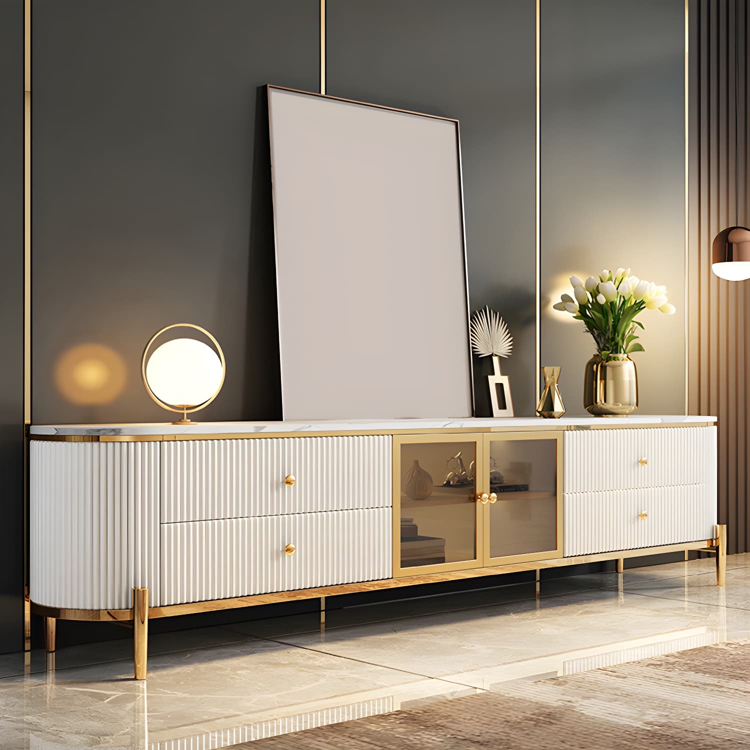 Modern TV Media Console Stone TV Stand Console with 4 Drawers thumbnail 4