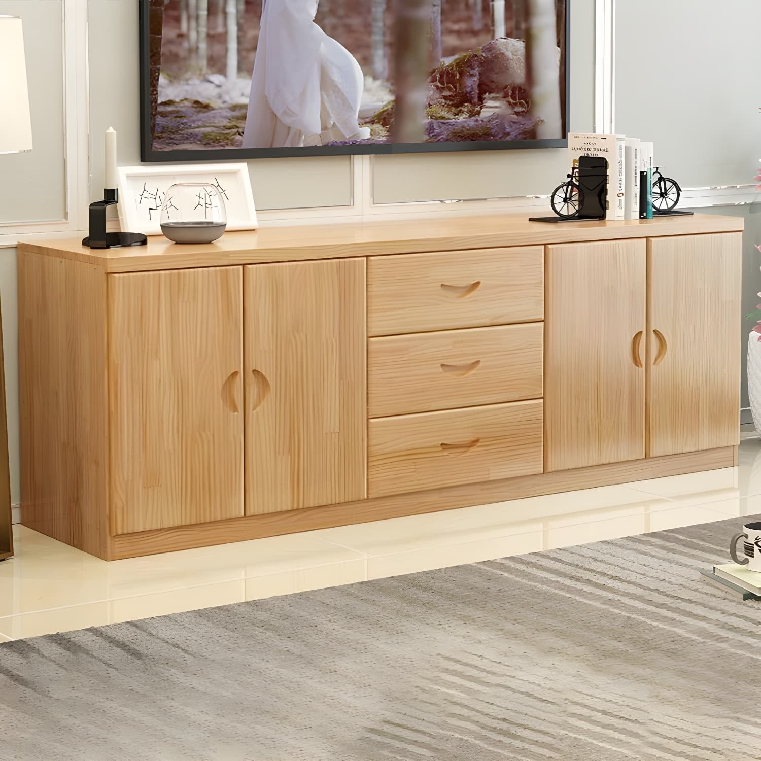 16" Wide Pine Wood Sideboard Table with Doors and Drawers for Living Room thumbnail 9