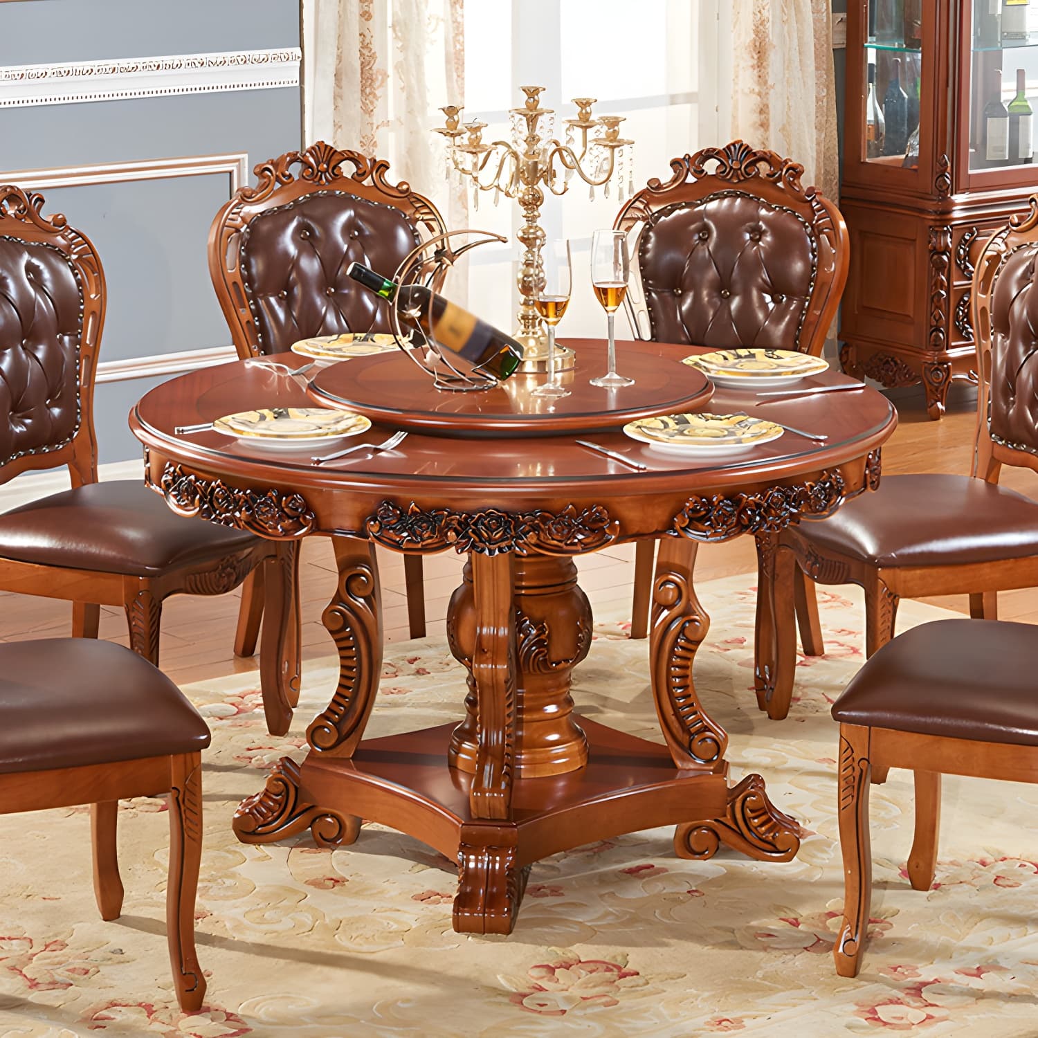 Rubberwood Base Victorian Round Table Pedestal Base Table for Dining Room thumbnail 2