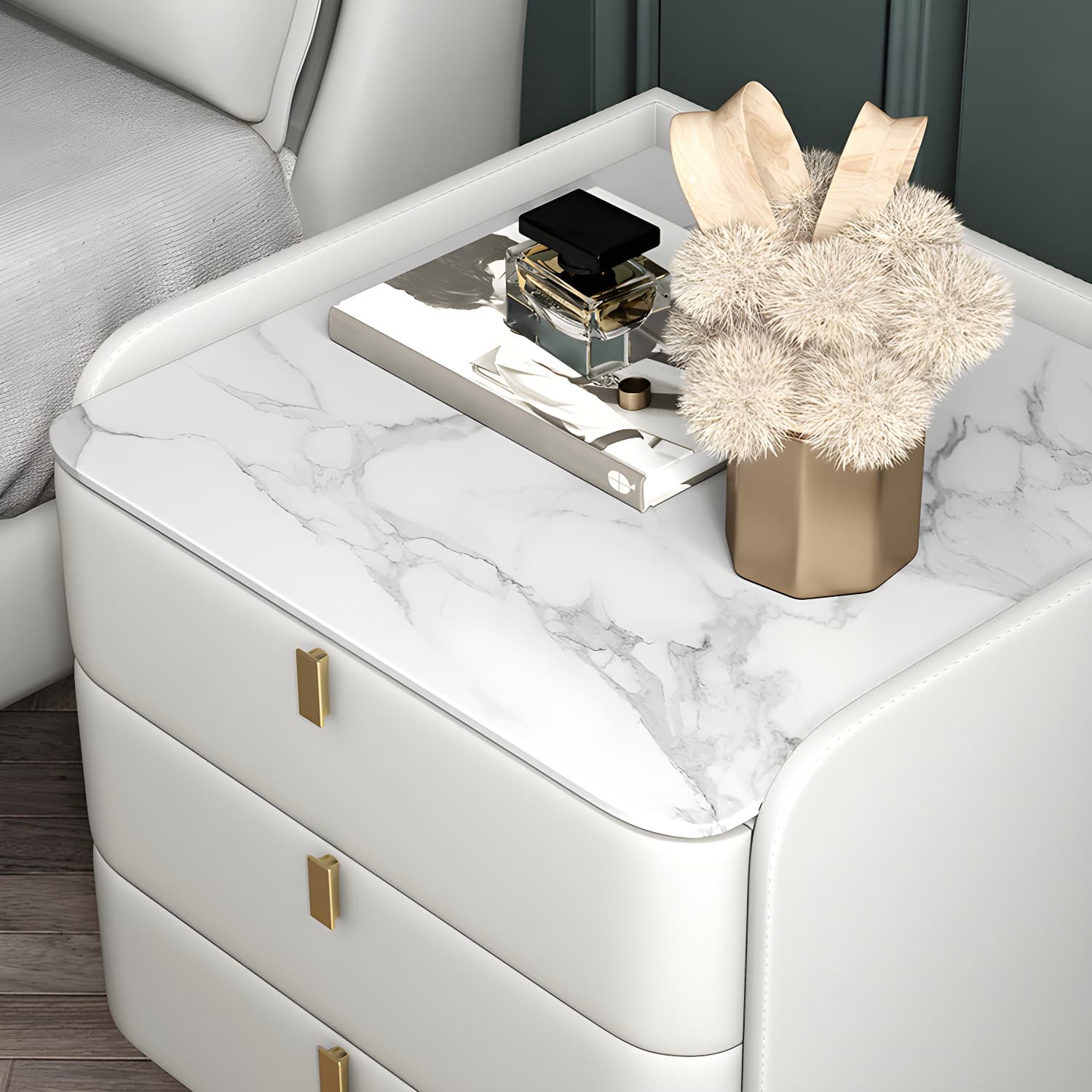 Stone Top Nightstand 3-drawer Leather Night Table with 4 Legs thumbnail 19