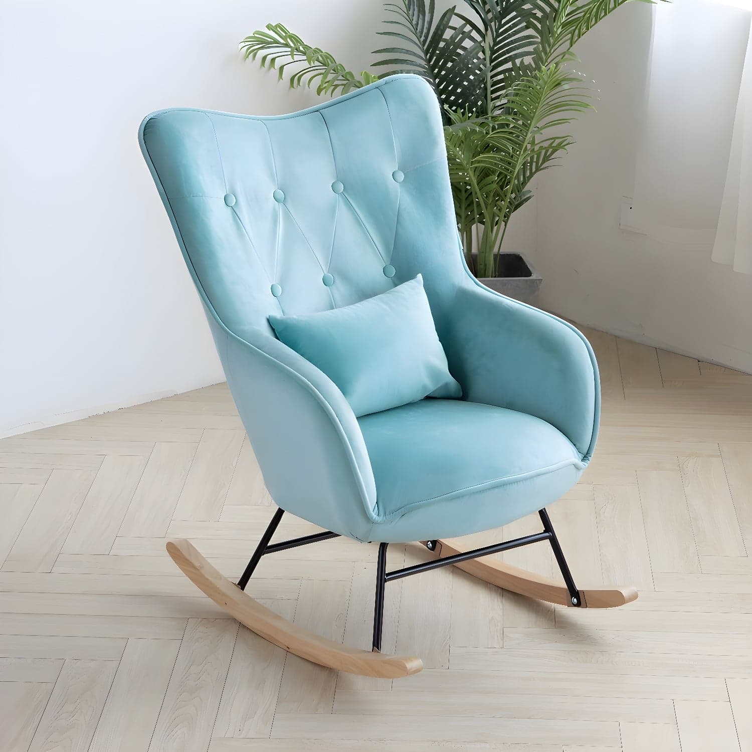 Stylish Modern Upholstered Rocking Chair with Natural Wood Legs and Tufted Back Cushion thumbnail 7