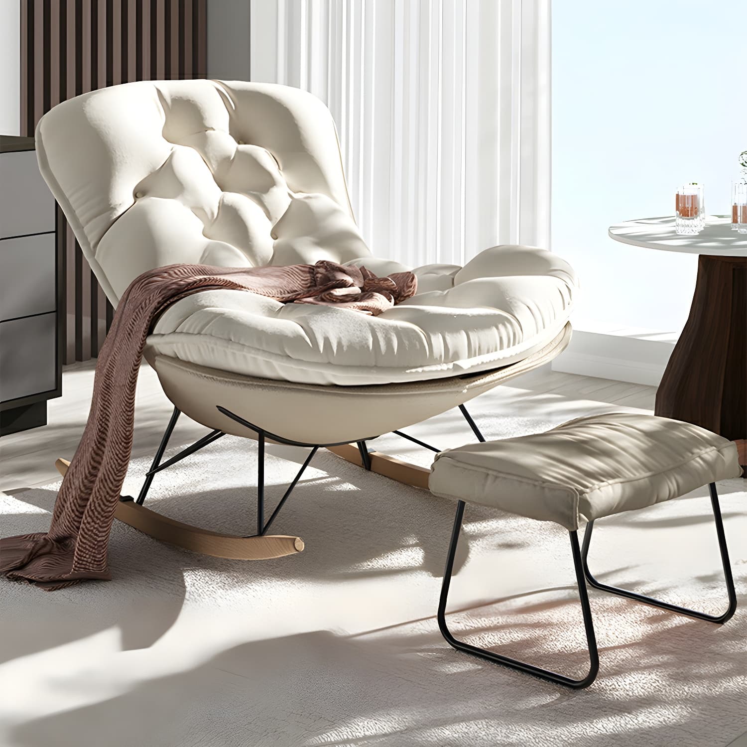 Stylish and Comfortable Modern Upholstered Indoor Rocking Chair with Natural Wood Legs thumbnail 9