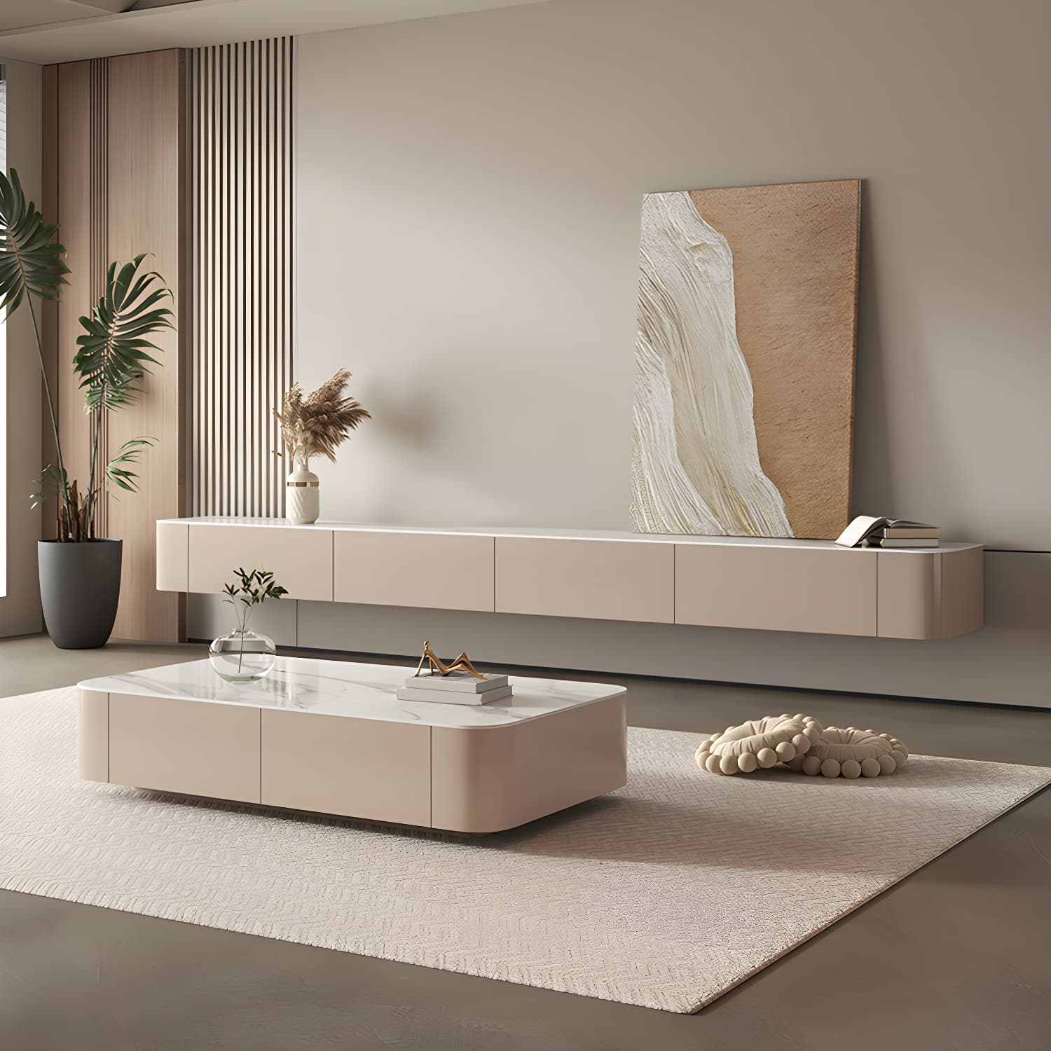 Brown Modern TV Stand with Floating Mount Design, Drawers, and Cable Management thumbnail 1