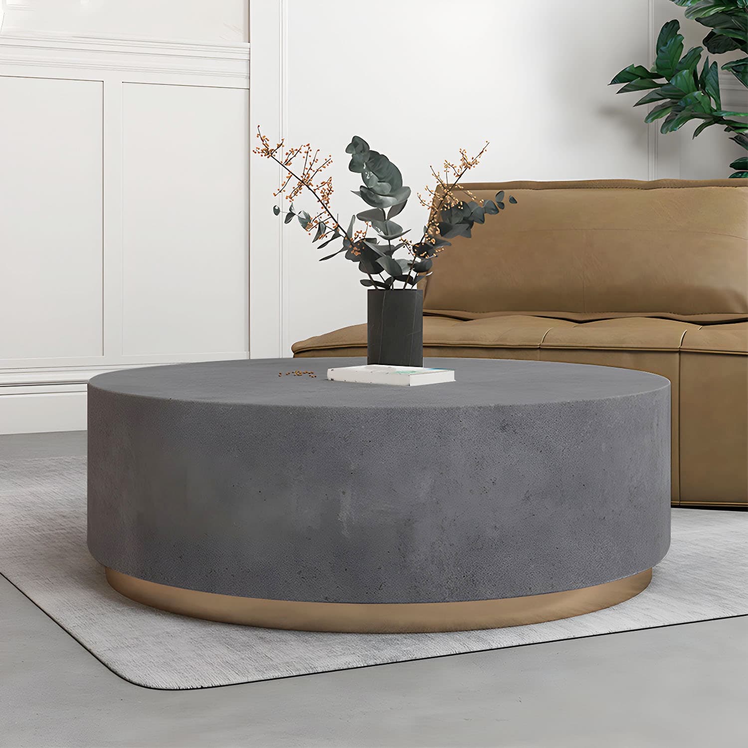 Drum Base Design Black/grey Faux Concrete Top Metal Base Round Coffee Table thumbnail 4