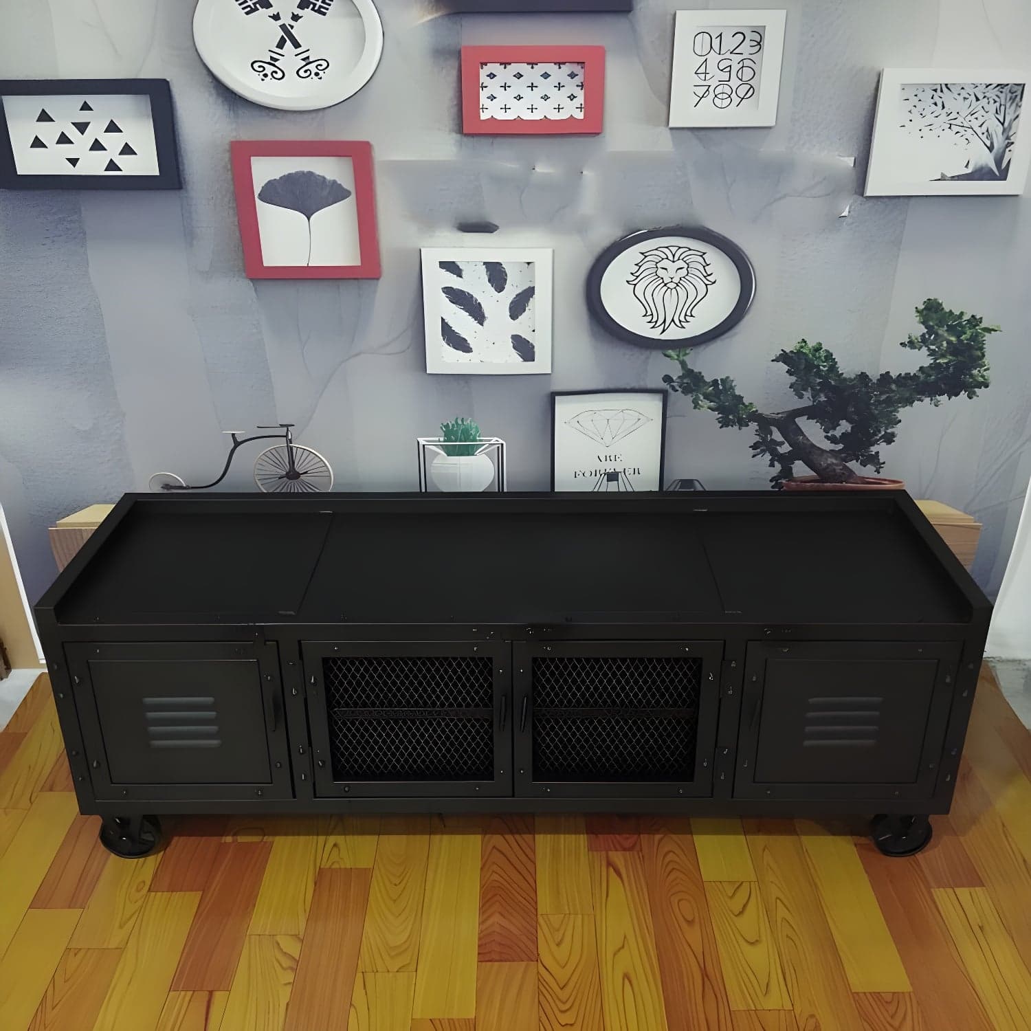 Metal Black TV Cabinet Industrial Style Home TV Stand Console with Casters thumbnail 2
