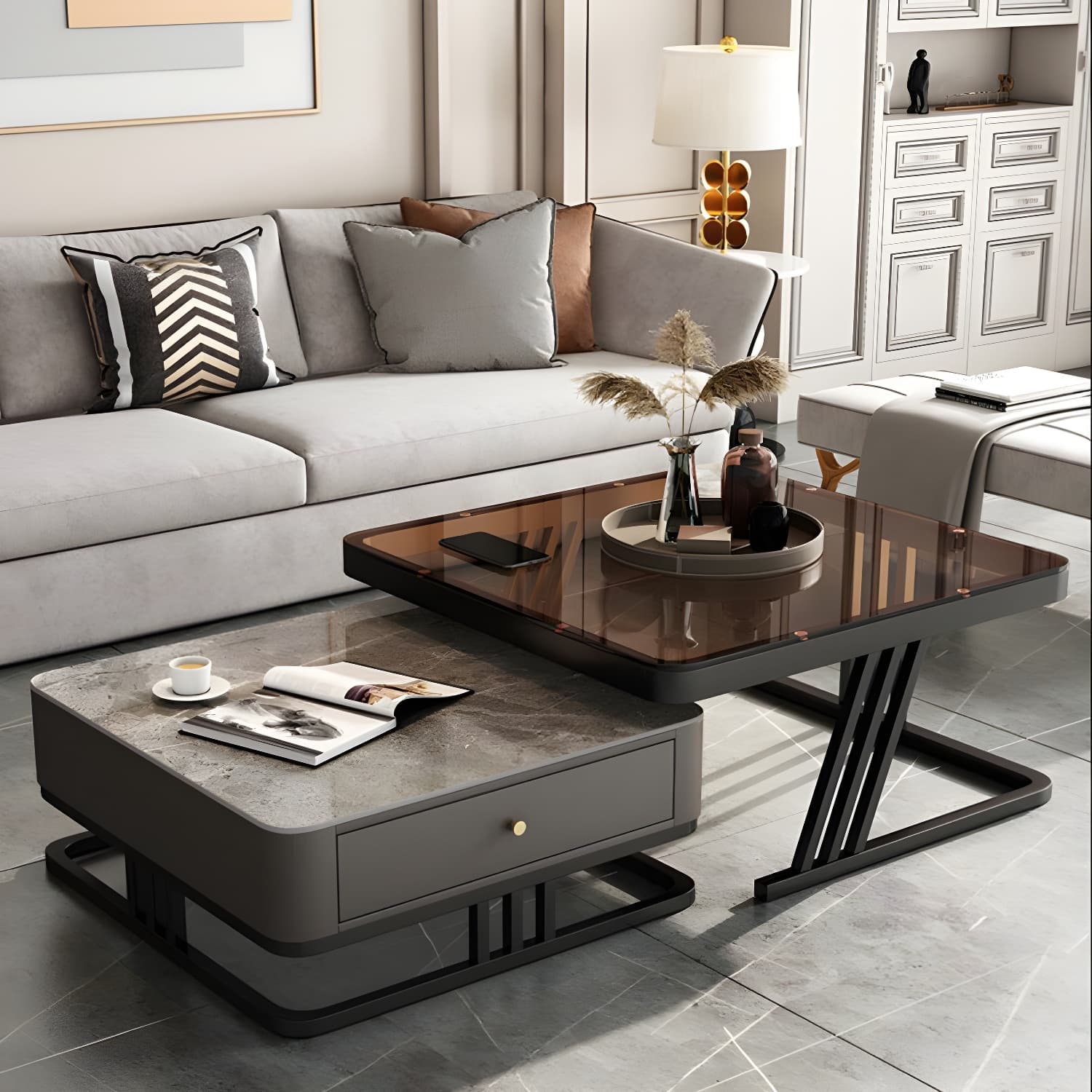 Modern Round Glass / Slate Cocktail Table Steel Frame Coffee Table with Drawer thumbnail 9