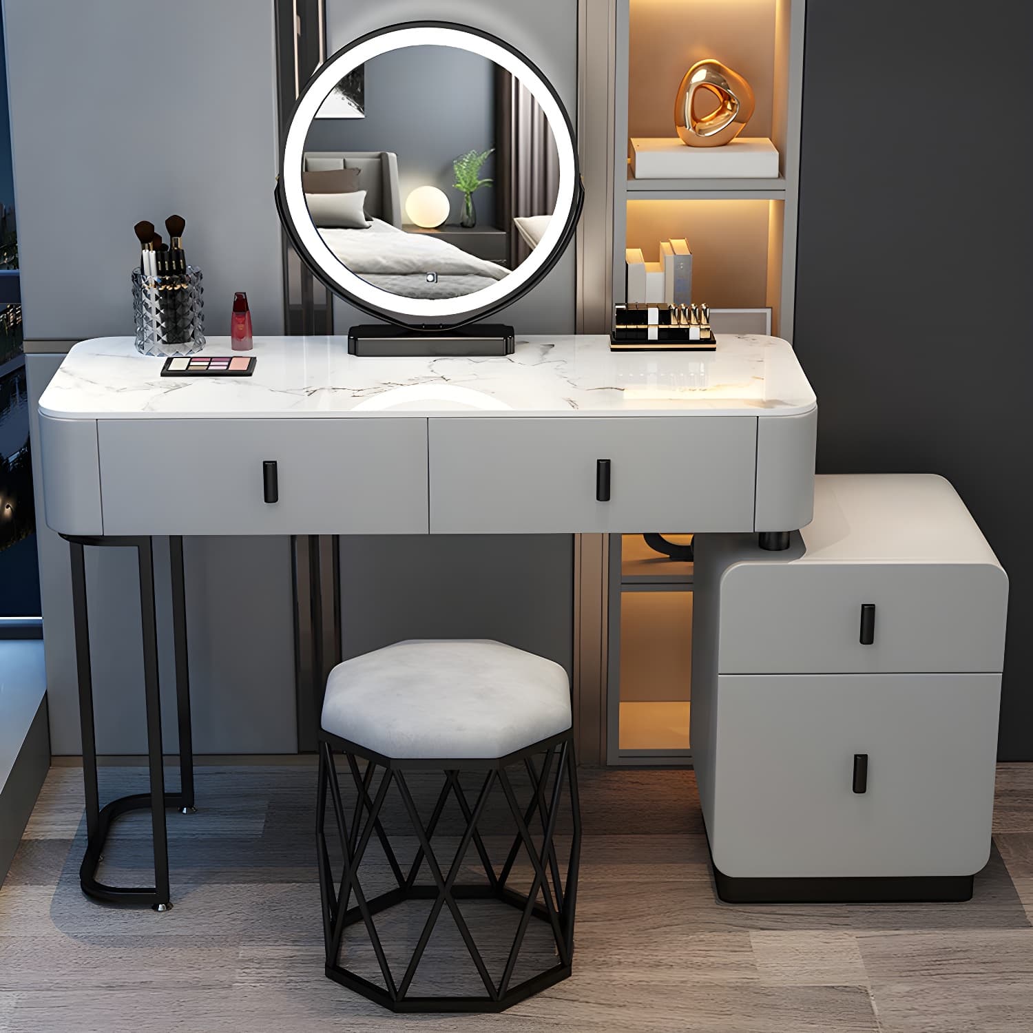 Wood Makeup Vanity Lighted Mirror Vanity Table and Stool Set thumbnail 8
