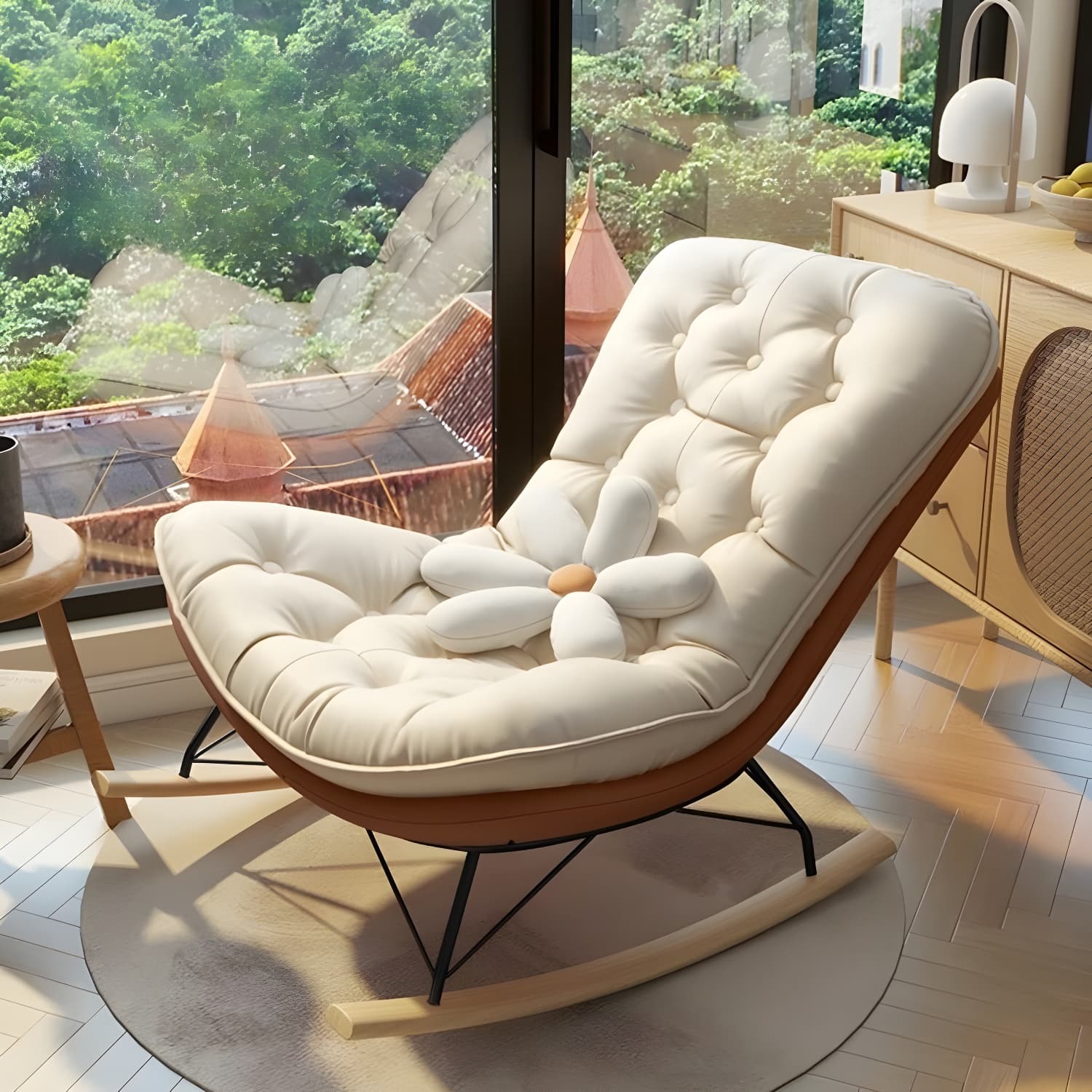 Contemporary Rocking Chair with Spindle Back, Tufted Upholstered and Wood Legs thumbnail 2