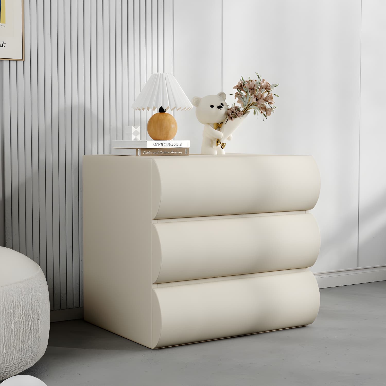 Modern Wood Nightstand with Drawer Storage in Faux Leather - Small Size thumbnail 7