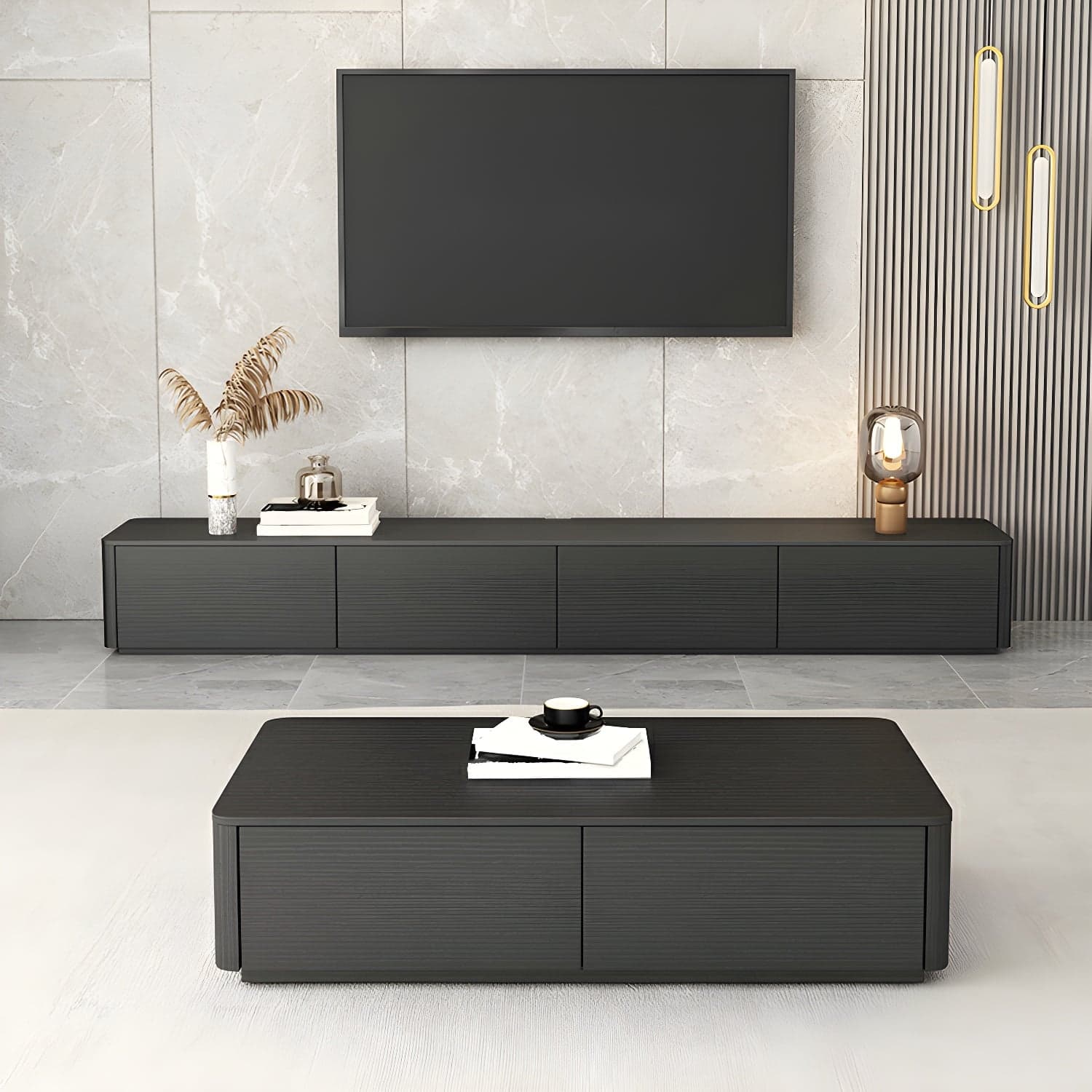 Black Wood TV Stand with Drawers and Cable Management – Modern Style and Low Height thumbnail 1