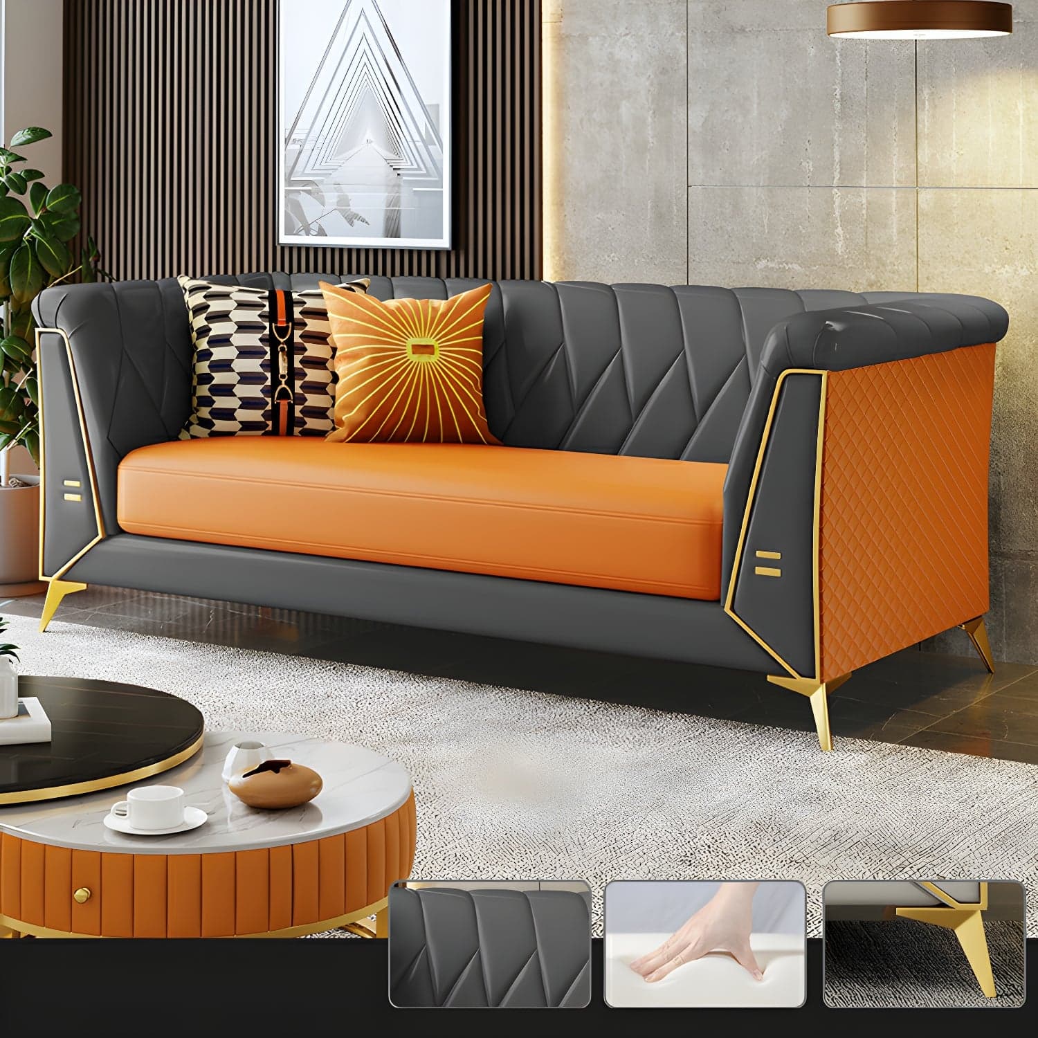 Glam Faux Leather Standard Sofa with Tuxedo Arms in Solid Color thumbnail 10