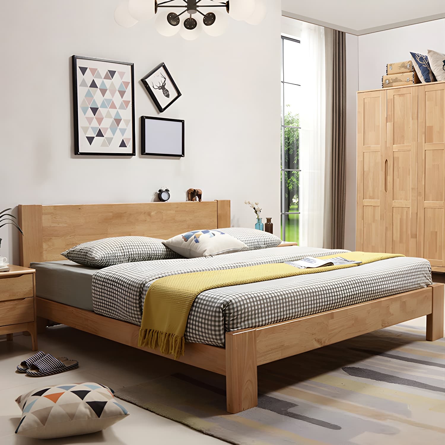 Modern Solid Color Panel Bed Rubberwood Standard Bed with Headboard thumbnail 2