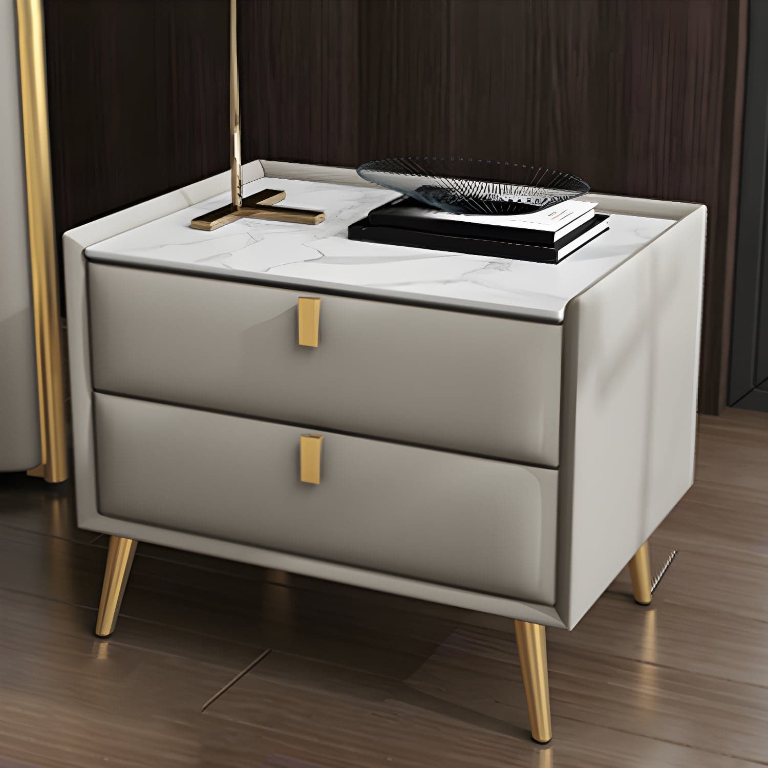 Solid Wood Bedside Table, Modern 2 - Drawer Stone Top Nightstand thumbnail 7