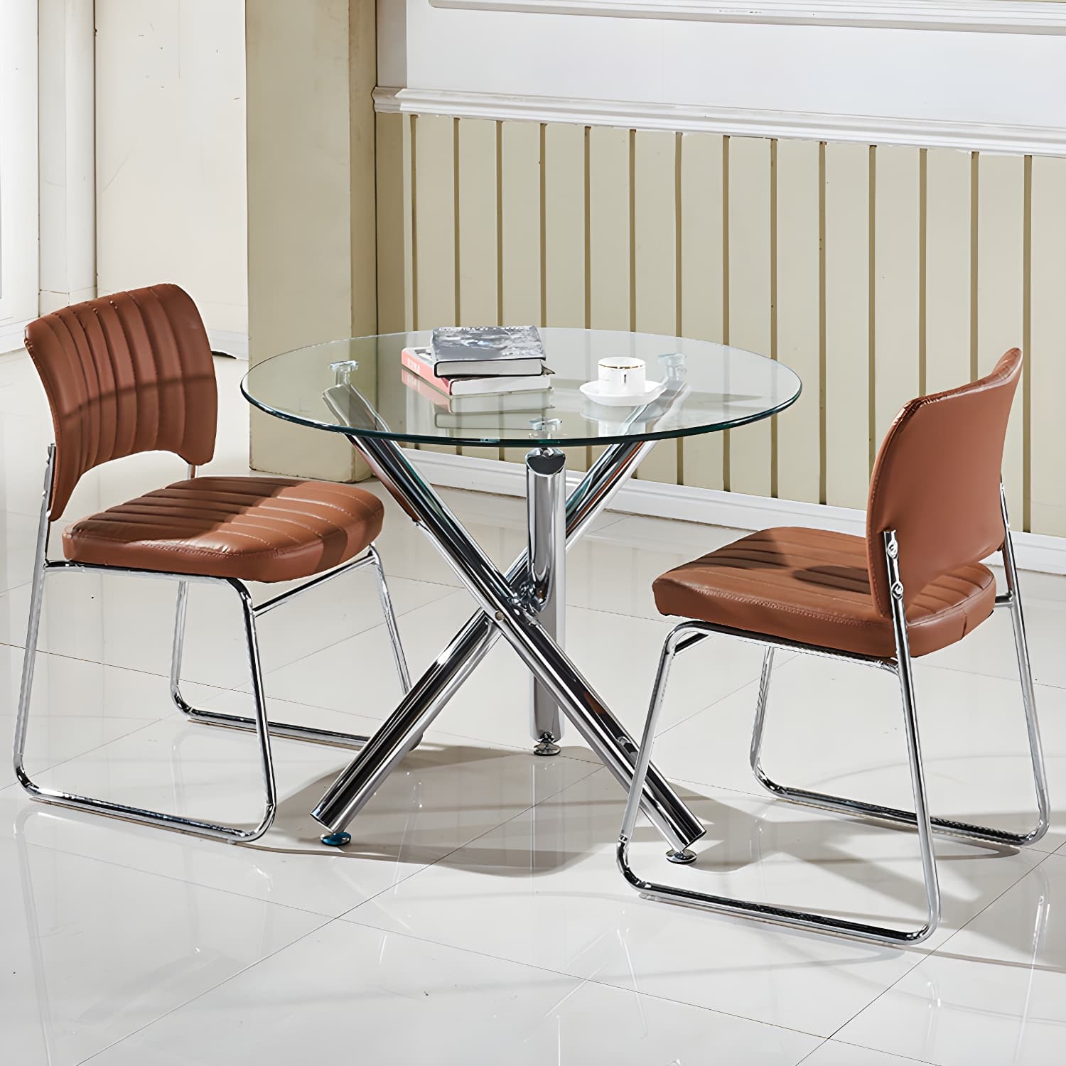 Modern Glass Round Dining Set with Three-Leg Metal Base - Clear, 36-inch Table thumbnail 2