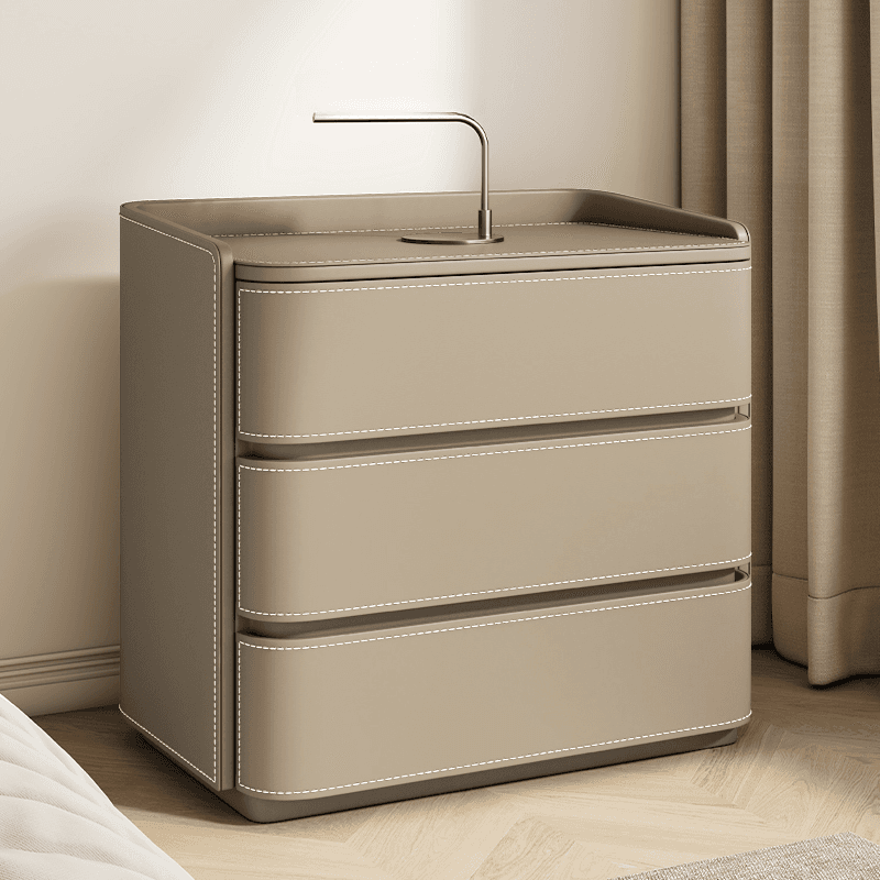 Contemporary 3 Tiers Genuine Leather Drawer Storage Bedside Table thumbnail 4