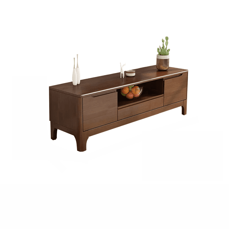 Art Deco Natural Wood TV Stand with 2 Drawers, 2 Cabinets, and Visible Storage thumbnail 3