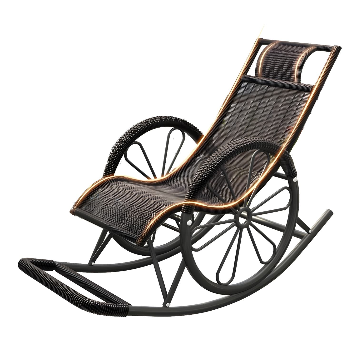 Modern Spindle Rattan Rocking Chair Metal Frame Wheel Handrail Design Rocker Chair thumbnail 18