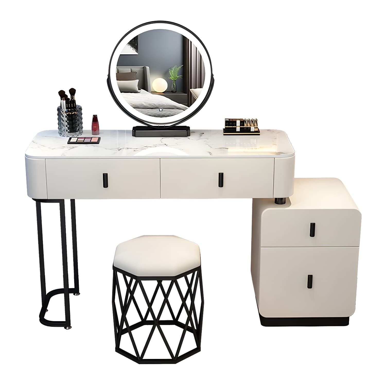 Wood Makeup Vanity Lighted Mirror Vanity Table and Stool Set thumbnail 9