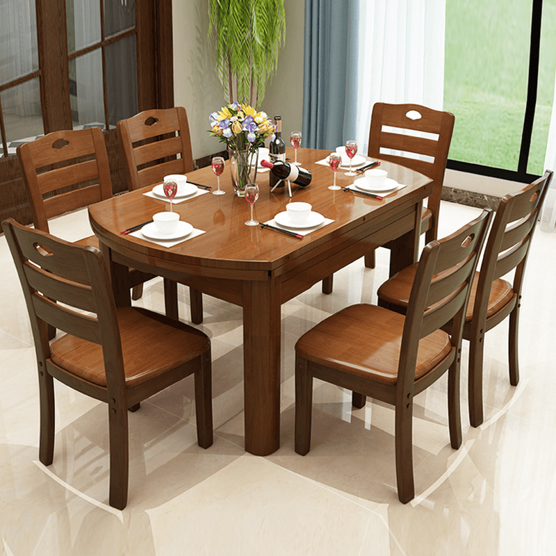 Dining Table Set with Rounded Wood Slab Top, 4 Legs, Drop Leaf, Back Seat, in White/Auburn/Amber Color thumbnail 7
