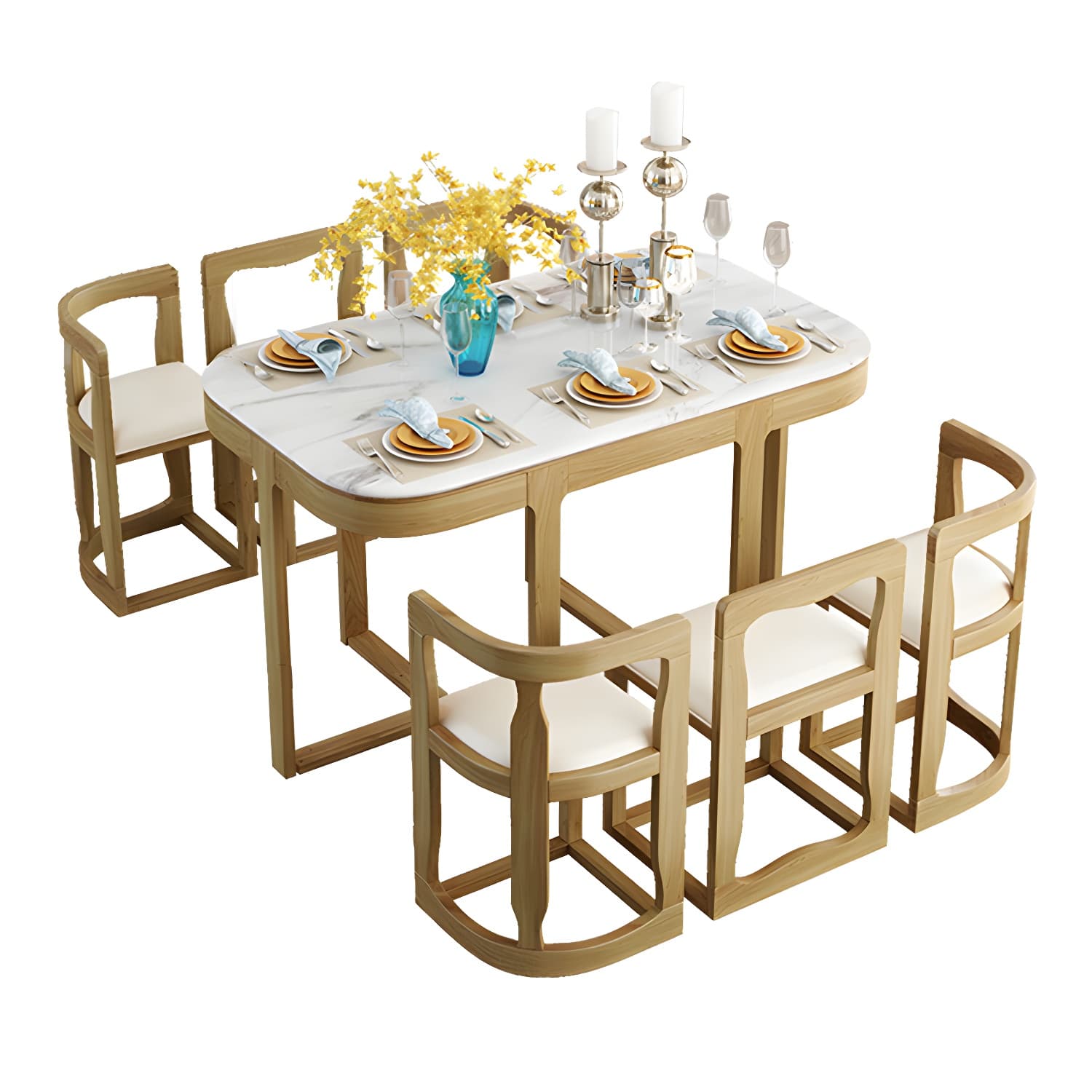7-Piece Modern Wood Dining Set with Trestle Base and Upholstered Chairs in White - Seats 6 thumbnail 13