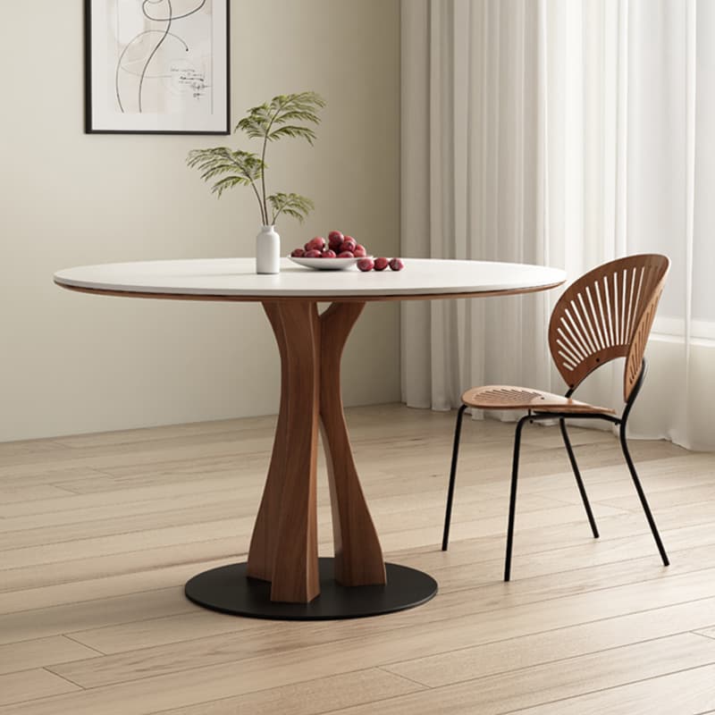 White Stone Round Modern Dining Table with Ash Wood Pedestal Base thumbnail 2