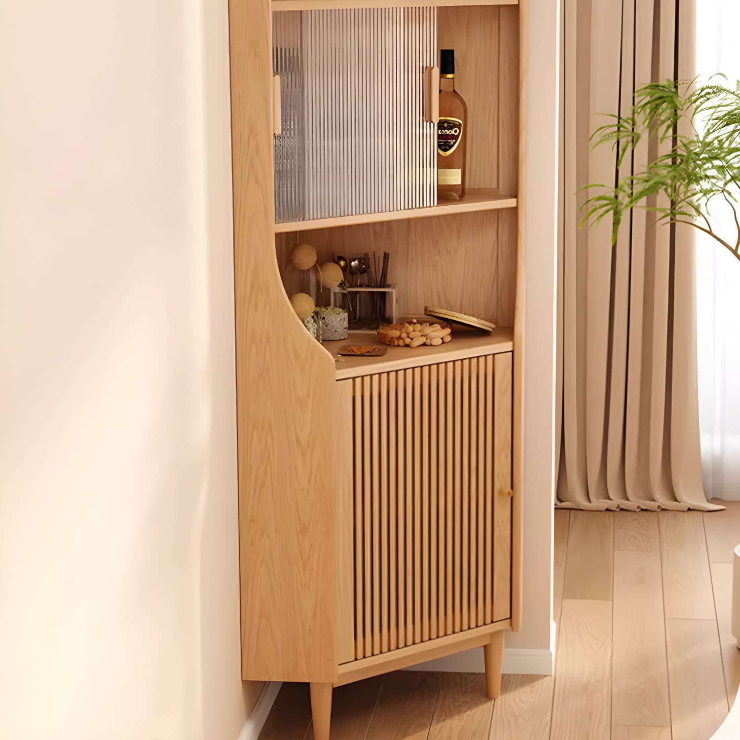 Corner Scandinavian Accent Cabinet with Wood Counter Top and Glass Doors, 2 Exterior Shelves thumbnail 13