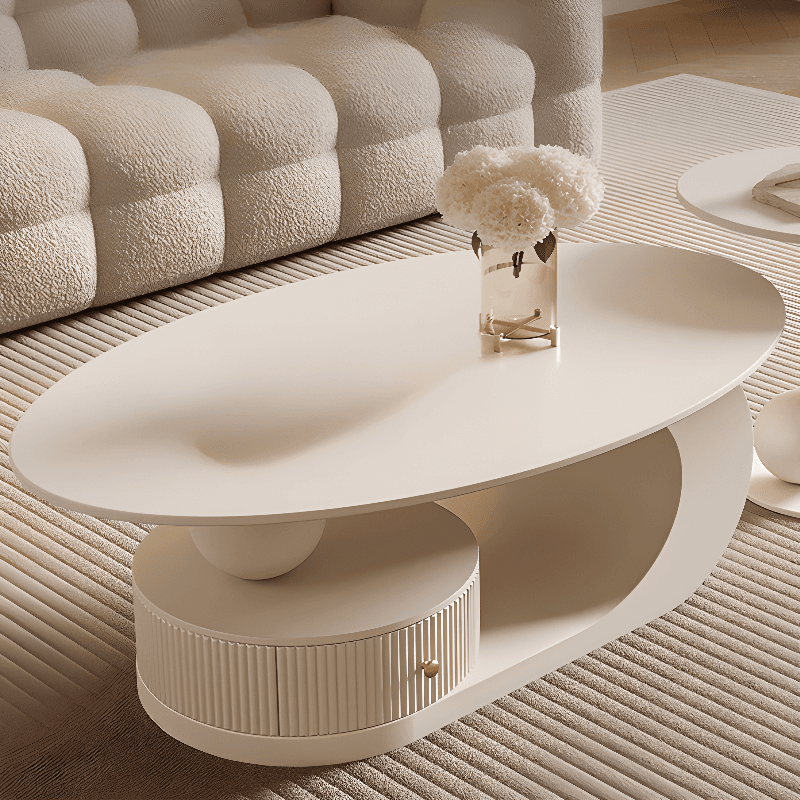 White/Midnight Black Scratch-proofed Oval Sintered Stone Board Game Coffee Table with Abstract Base and 1 Drawer for Living Room thumbnail 5