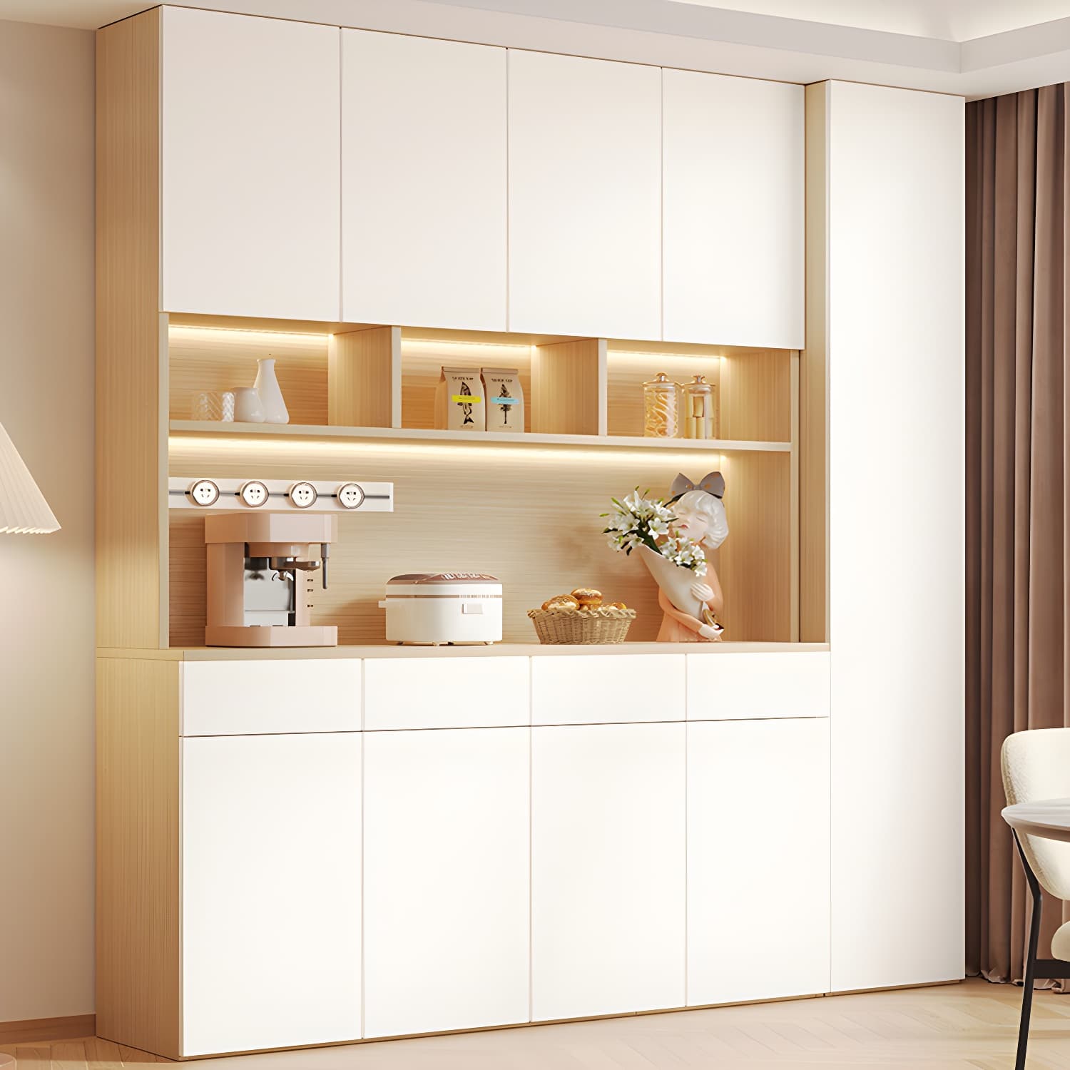Scandinavian White Wood Buffet Sideboard Cabinet with Cabinets and Shelves