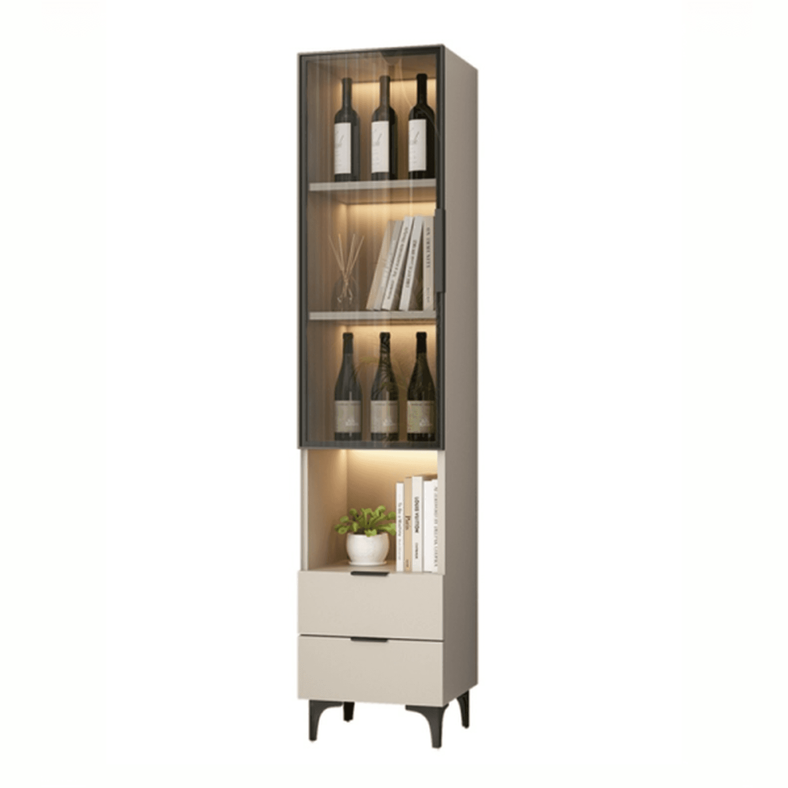 Rectangle Utility Cabinet with Locker, Glass Door, Pull Bars, White/Espresso/Off White Top, Soft Close Drawer, and Light thumbnail 7