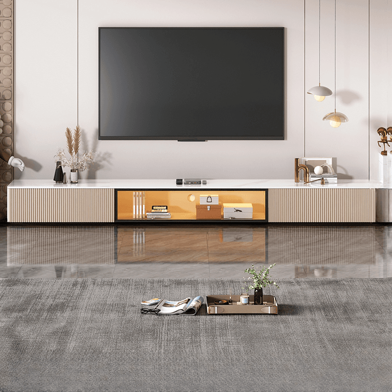 Art Deco Sintered Stone Rectangular TV Stand with 2 Drawers, Hutch, Cable Management, and Light thumbnail 4