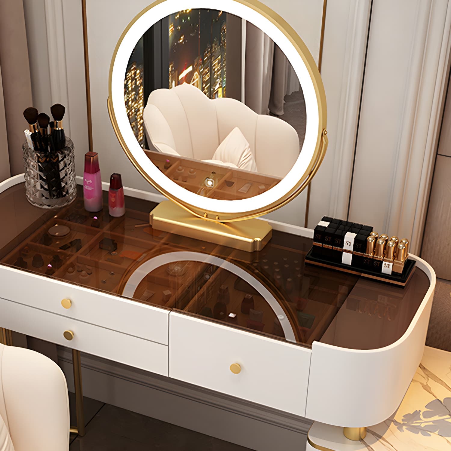Glass Top Makeup Vanity Storage Box Vanity Dressing Table for Bedroom thumbnail 12
