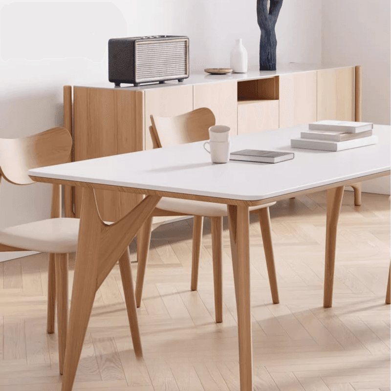 Dining Table Set with Slate Stone Top, Enclosed Back, Fixed Table, Padded Chair for 6 People in White thumbnail 5